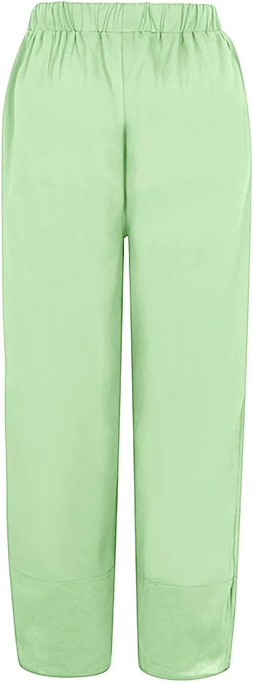 Capri Pants for Women 2025 Summer Cotton Linen Dandelion Cropped Pants High Waisted Baggy Beach Trousers with Pockets