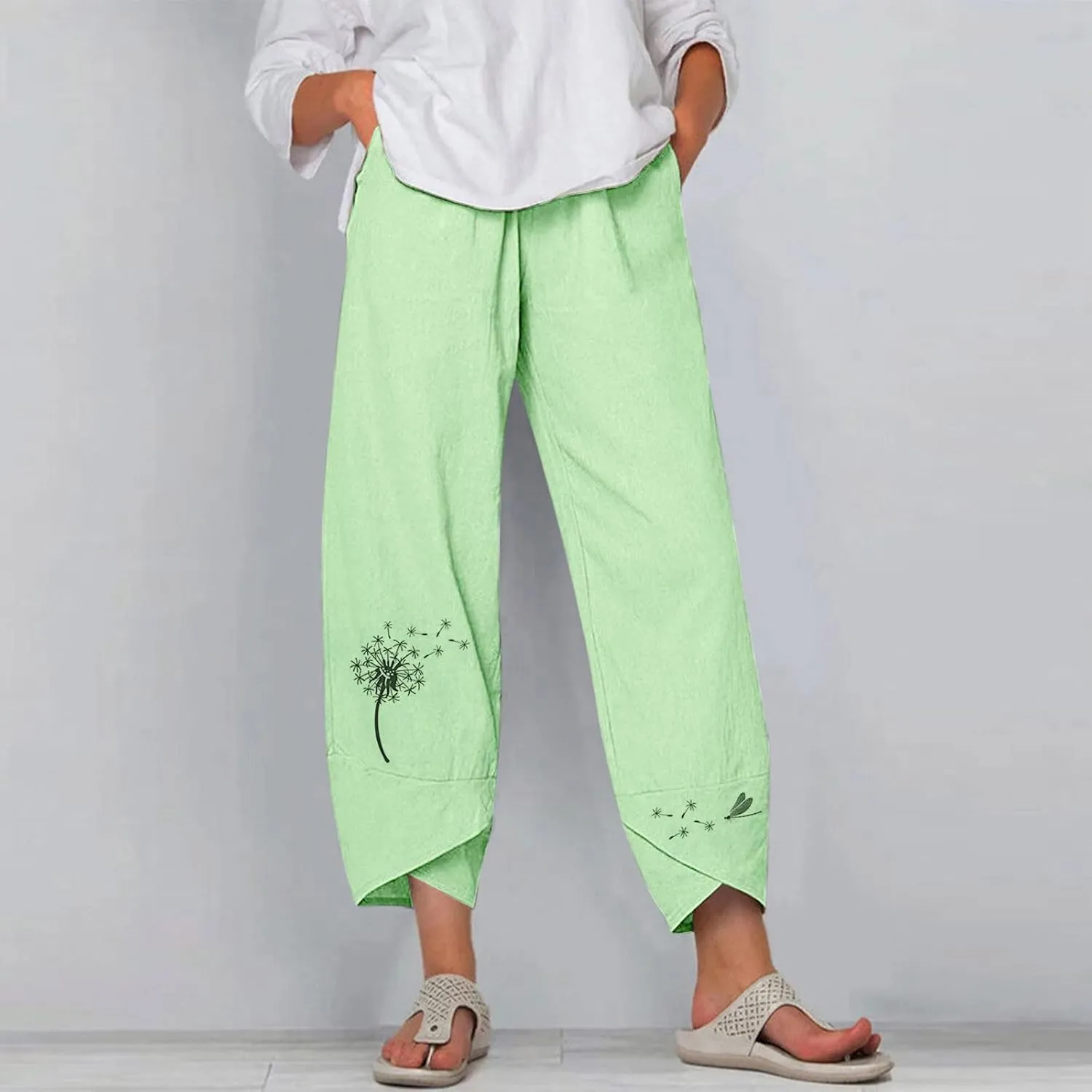Capri Pants for Women 2025 Summer Cotton Linen Dandelion Cropped Pants High Waisted Baggy Beach Trousers with Pockets