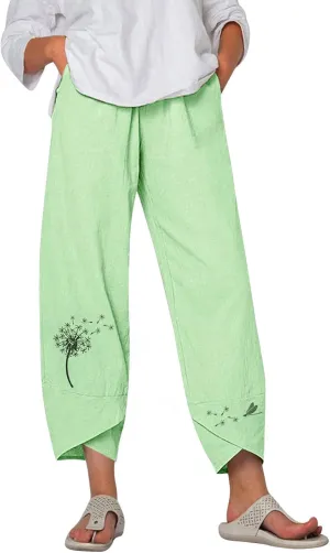 Capri Pants for Women 2025 Summer Cotton Linen Dandelion Cropped Pants High Waisted Baggy Beach Trousers with Pockets