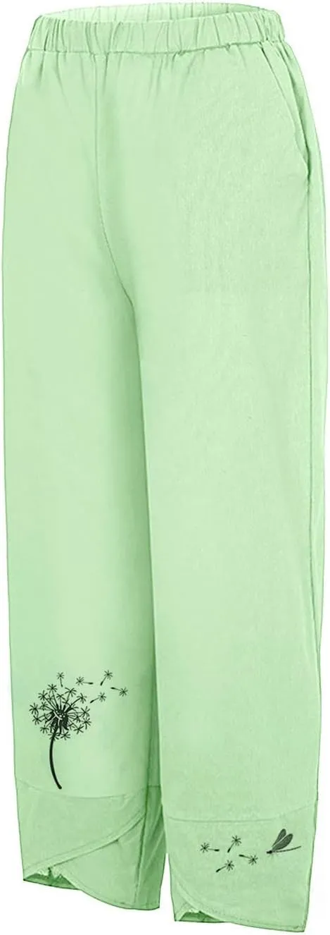 Capri Pants for Women 2025 Summer Cotton Linen Dandelion Cropped Pants High Waisted Baggy Beach Trousers with Pockets