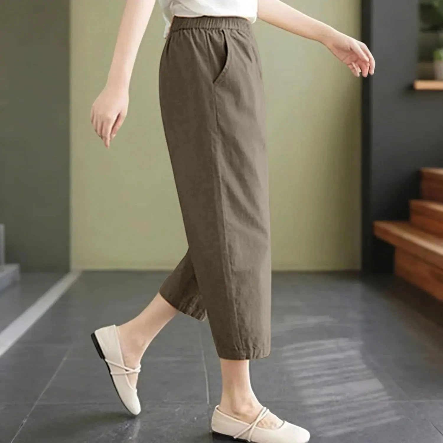 Capri Pants for Women Summer Casual Lounge Pant with Pockets Cropped Cotton Linen Loose Drawstring Baggy Trousers