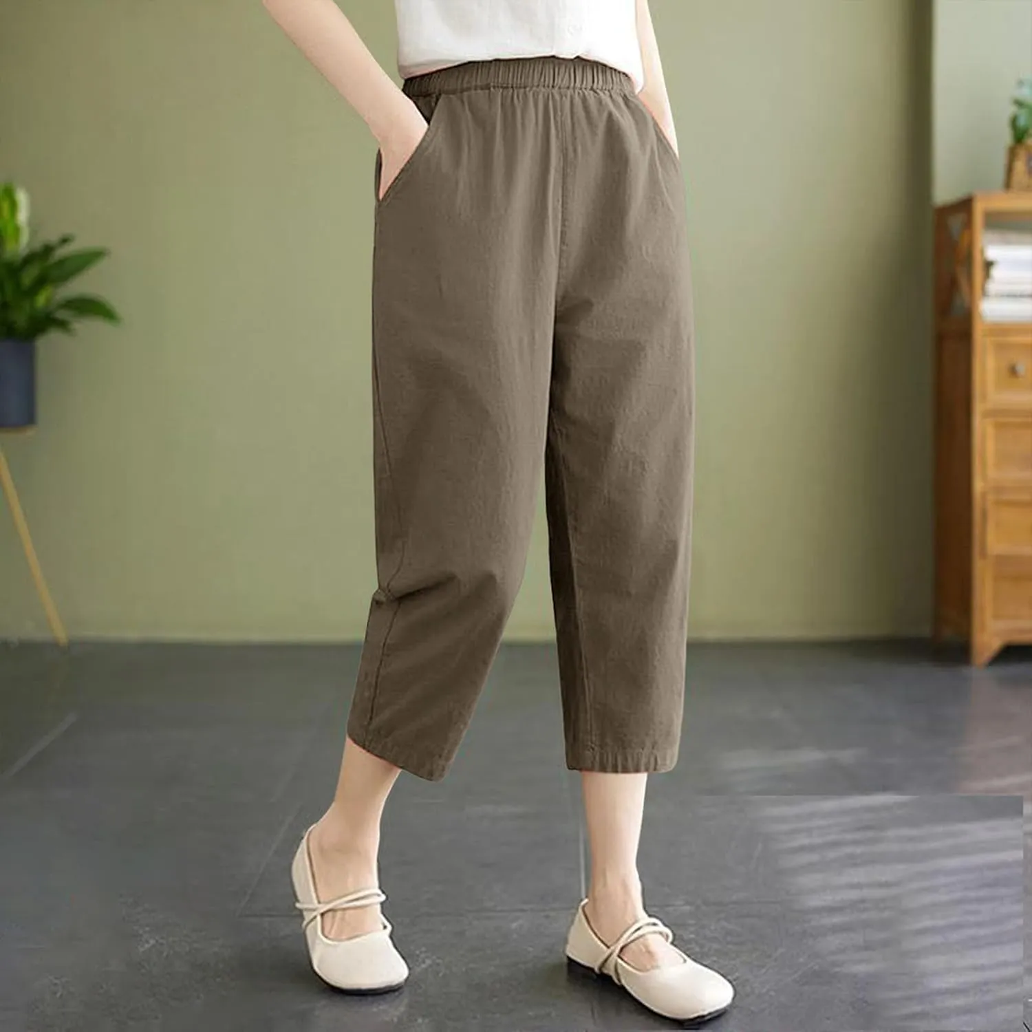 Capri Pants for Women Summer Casual Lounge Pant with Pockets Cropped Cotton Linen Loose Drawstring Baggy Trousers