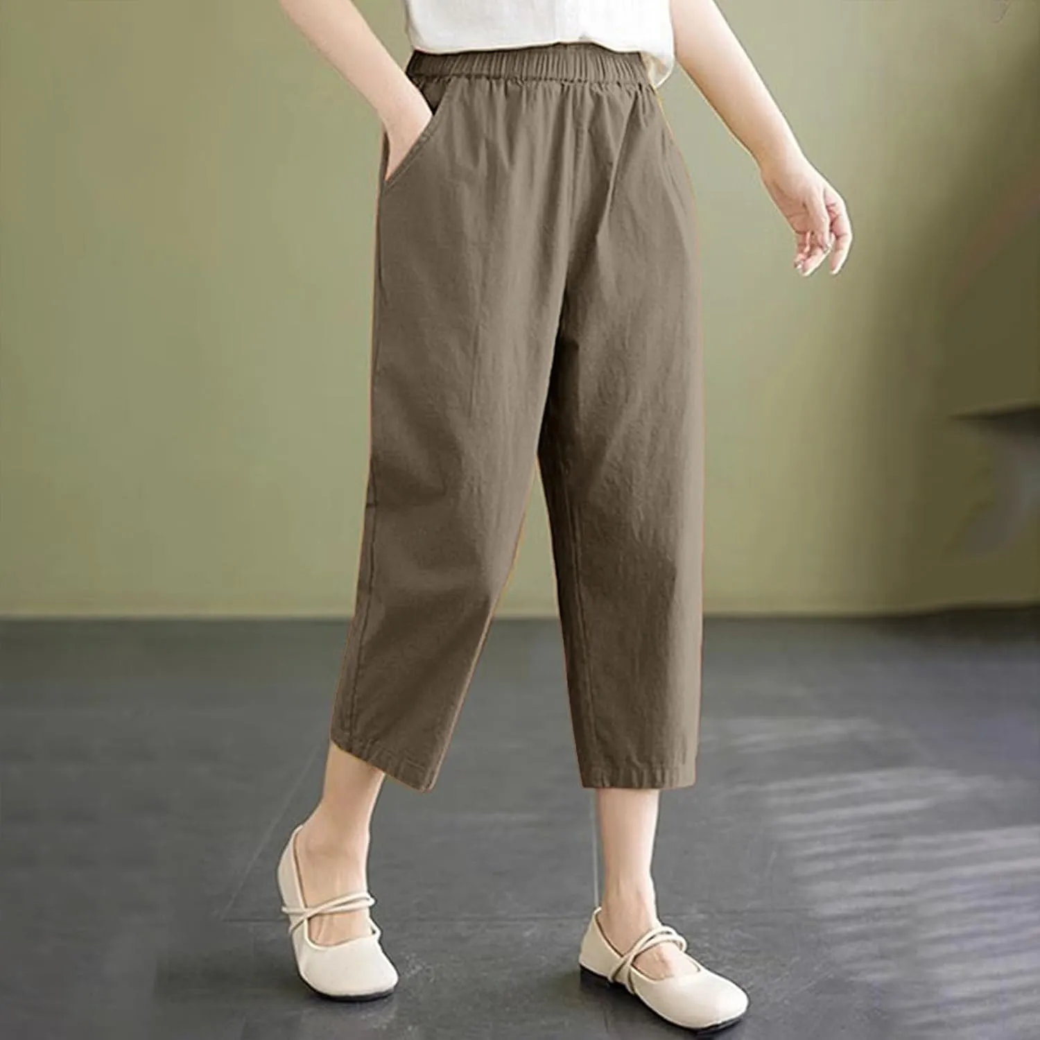 Capri Pants for Women Summer Casual Lounge Pant with Pockets Cropped Cotton Linen Loose Drawstring Baggy Trousers