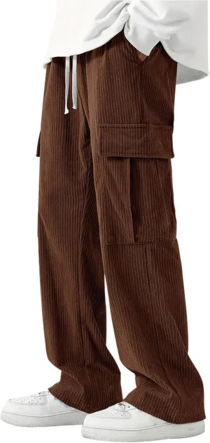 Cargo Pants for Men Corduroy Straight Wide Leg Casual Lightweight Breathable Loose Fit Trendy Soild Trousers Outdoor