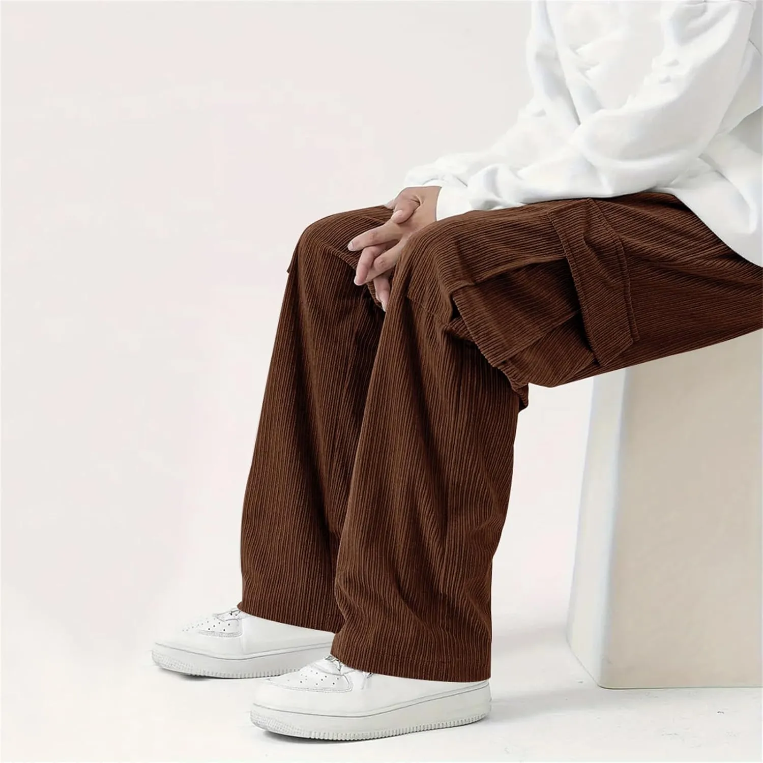 Cargo Pants for Men Corduroy Straight Wide Leg Casual Lightweight Breathable Loose Fit Trendy Soild Trousers Outdoor