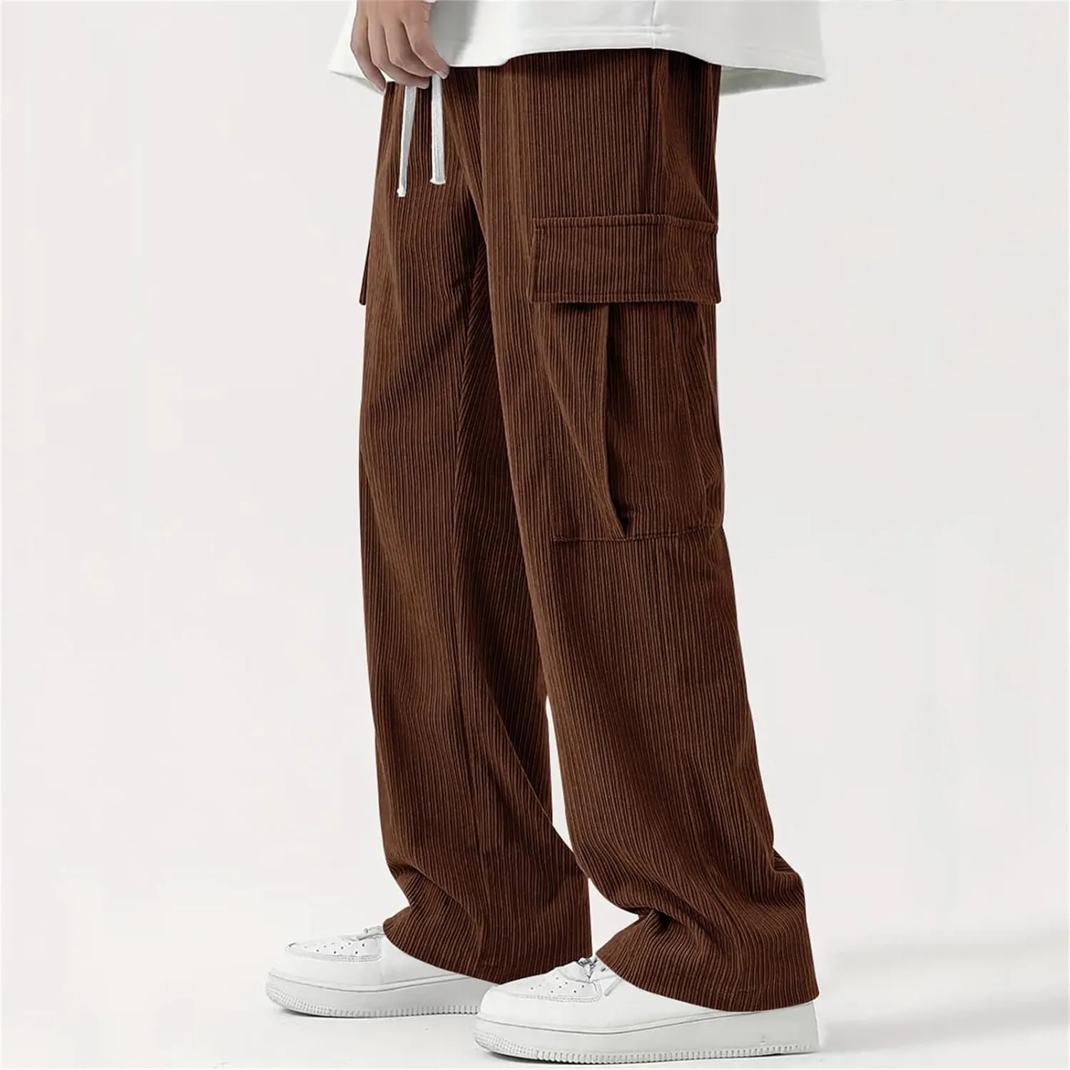 Cargo Pants for Men Corduroy Straight Wide Leg Casual Lightweight Breathable Loose Fit Trendy Soild Trousers Outdoor