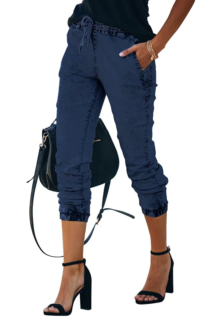 Deep Blue Elastic-Waist Welt Pockets Denim Jogger Pants