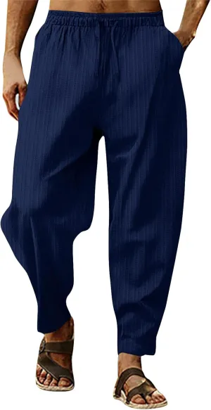 linen pants for men big and tall, yoga pants for men cotton, Linen Pants for Men, Mens Casual Pants Lightweight Elastic Waist Drawstring Summer Yoga Beach Trousers with Pockets