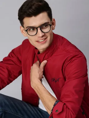 Men Maroon Crop Bomber Jacket