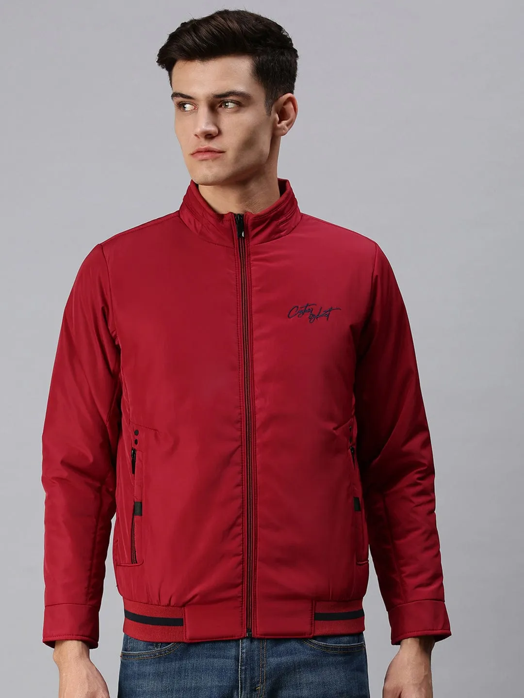 Men Maroon Crop Bomber Jacket