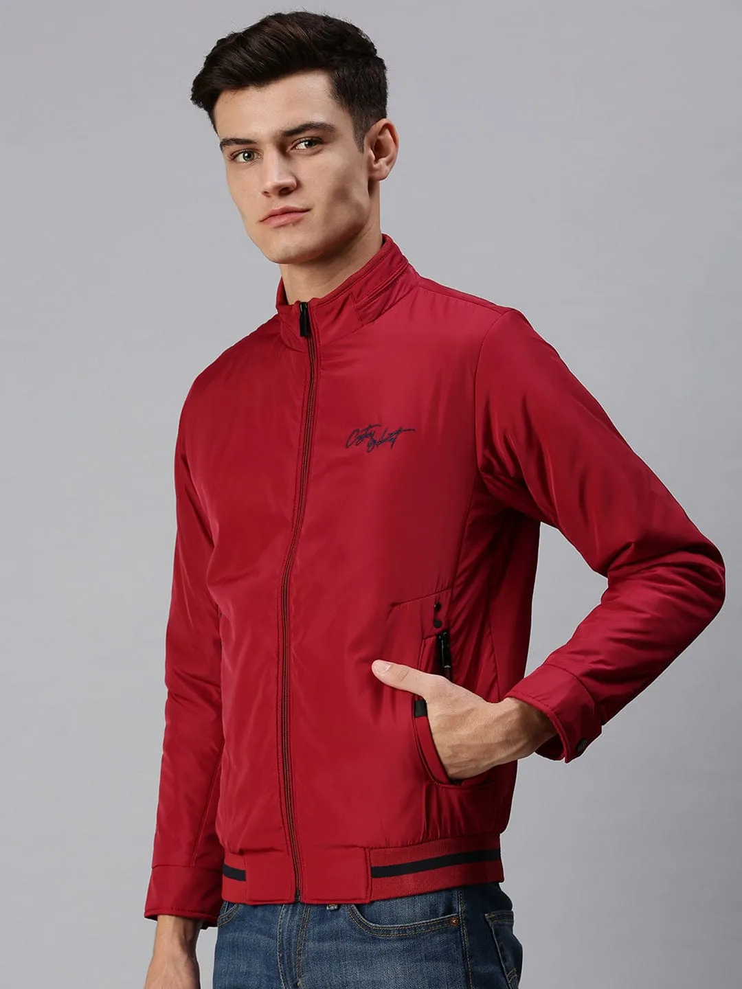 Men Maroon Crop Bomber Jacket