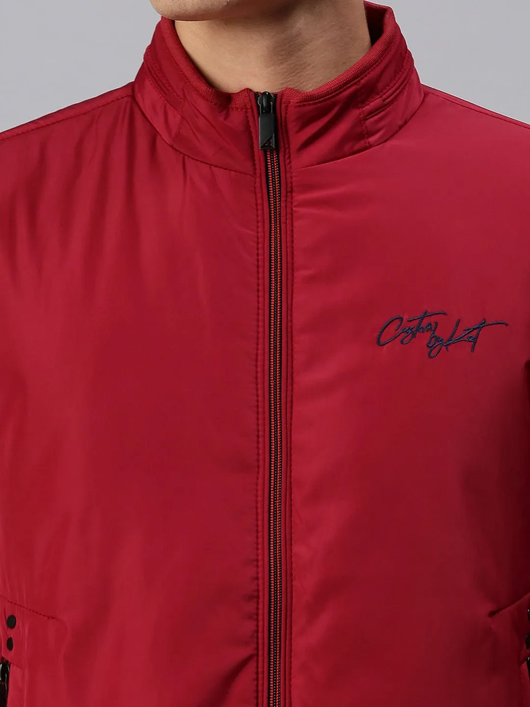 Men Maroon Crop Bomber Jacket
