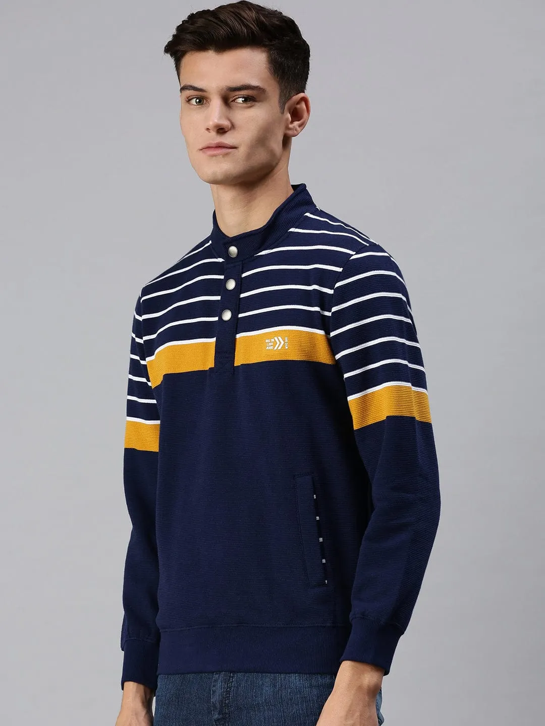 Men Navy Blue Striped Sweatshirt