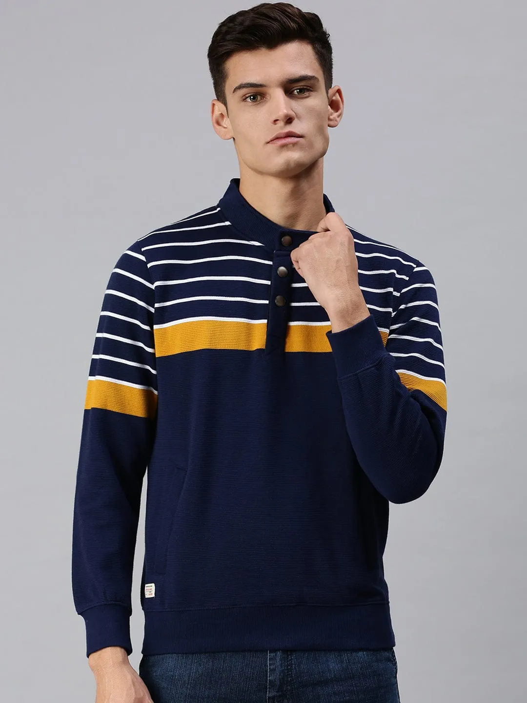 Men Navy Blue Striped Sweatshirt