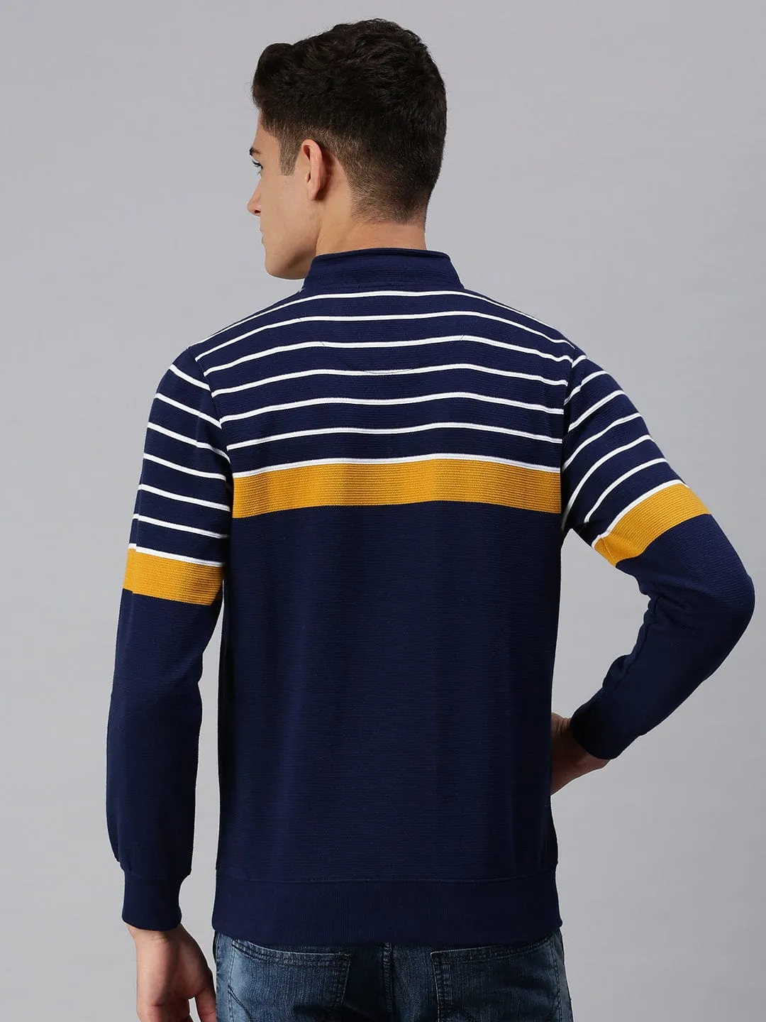 Men Navy Blue Striped Sweatshirt