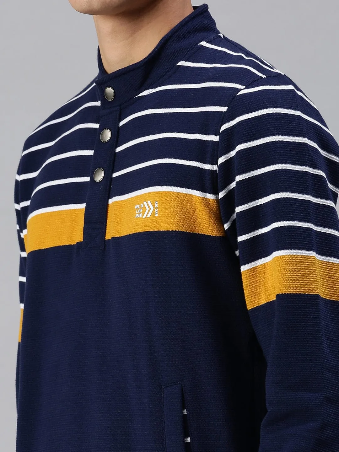 Men Navy Blue Striped Sweatshirt