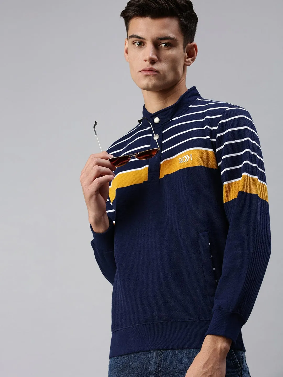 Men Navy Blue Striped Sweatshirt