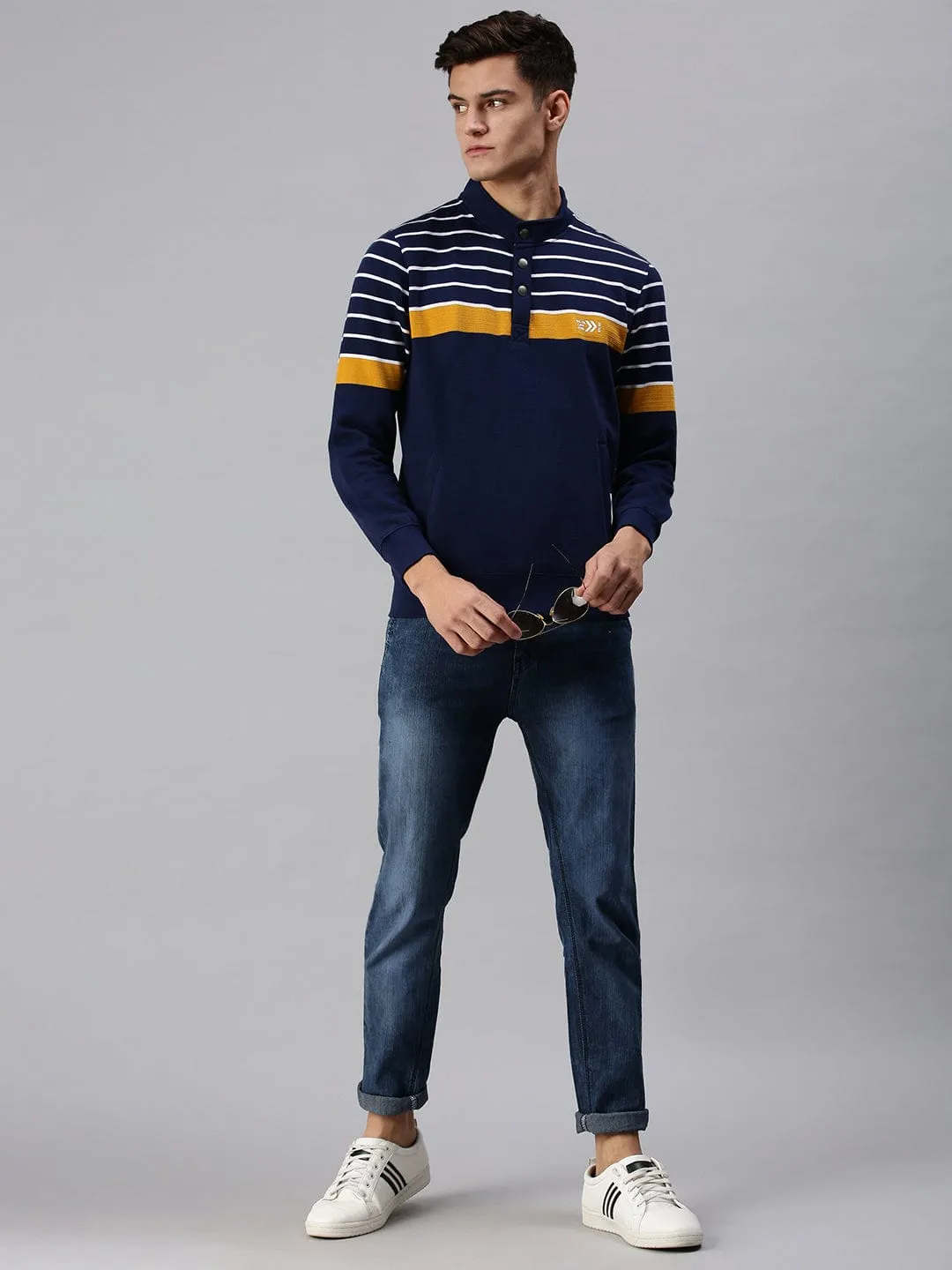 Men Navy Blue Striped Sweatshirt