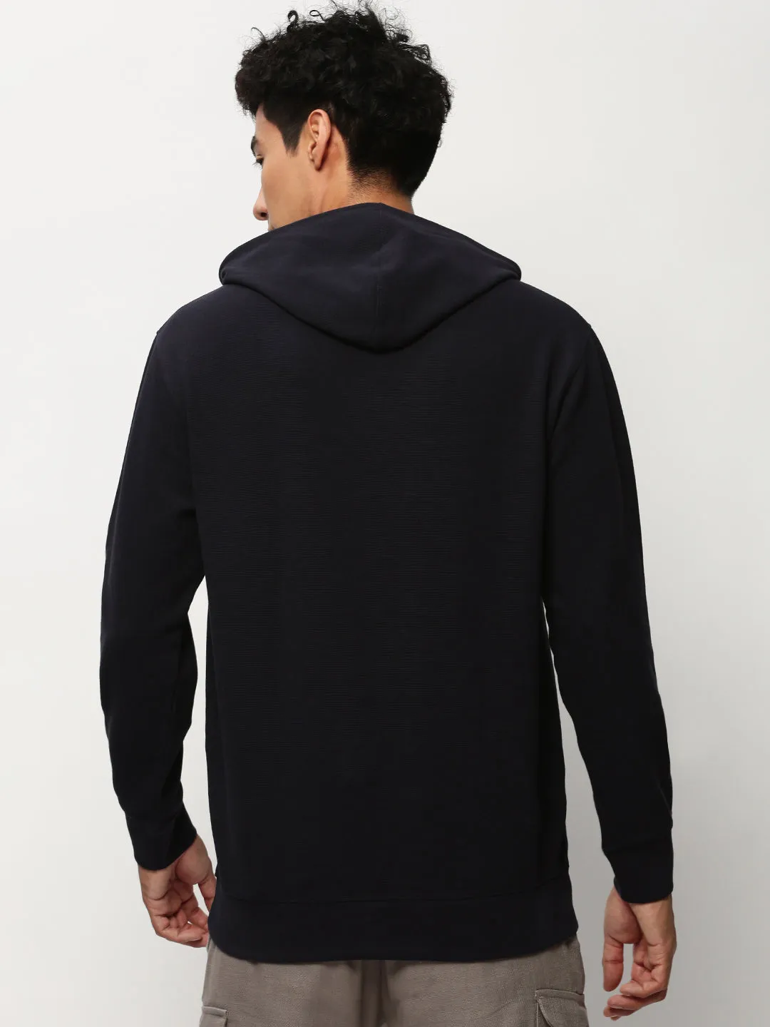 Men Navy Blue Typography Printed Hooded Cotton Pullover Sweatshirt