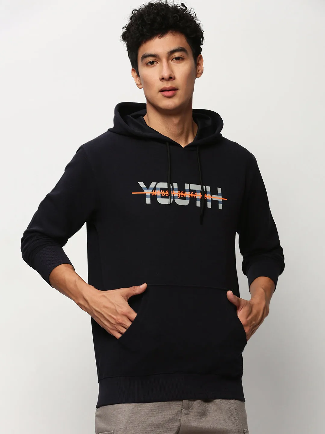Men Navy Blue Typography Printed Hooded Cotton Pullover Sweatshirt