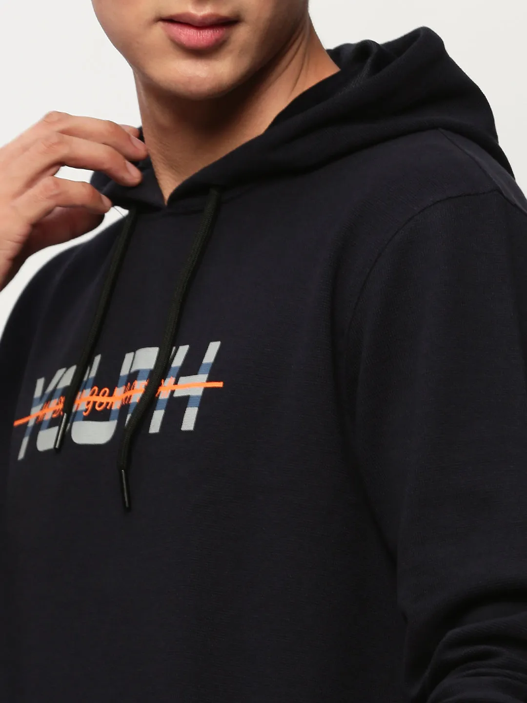 Men Navy Blue Typography Printed Hooded Cotton Pullover Sweatshirt