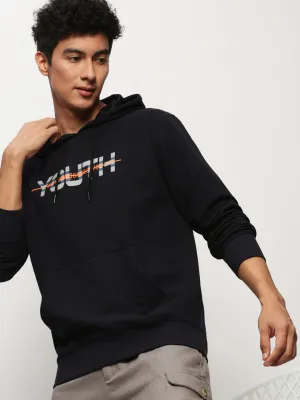 Men Navy Blue Typography Printed Hooded Cotton Pullover Sweatshirt