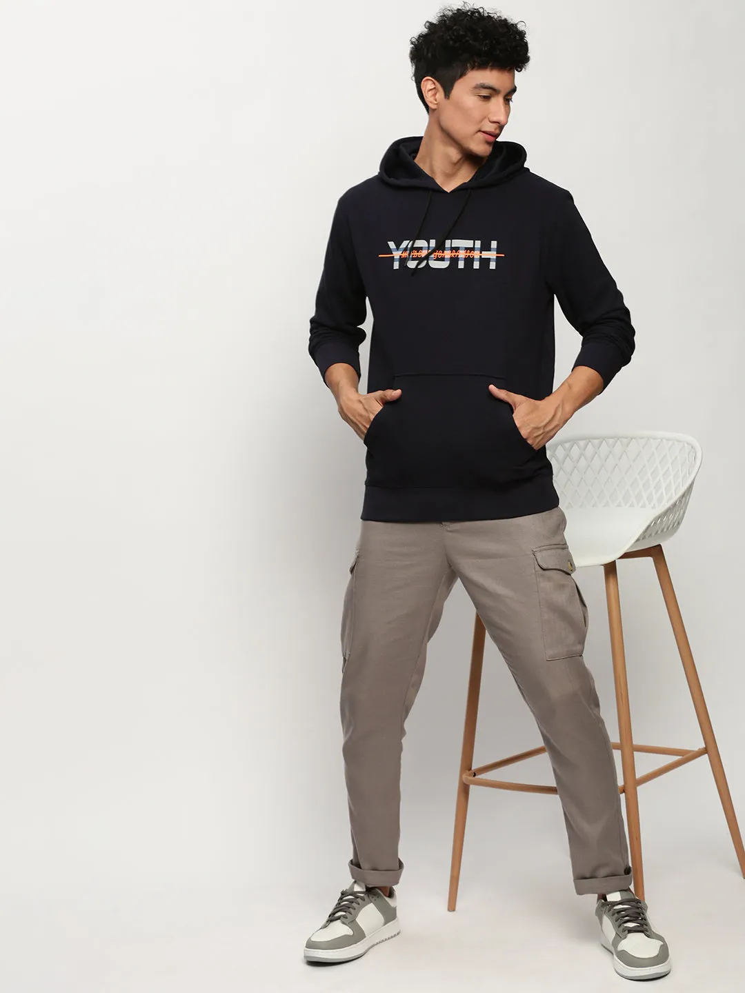 Men Navy Blue Typography Printed Hooded Cotton Pullover Sweatshirt