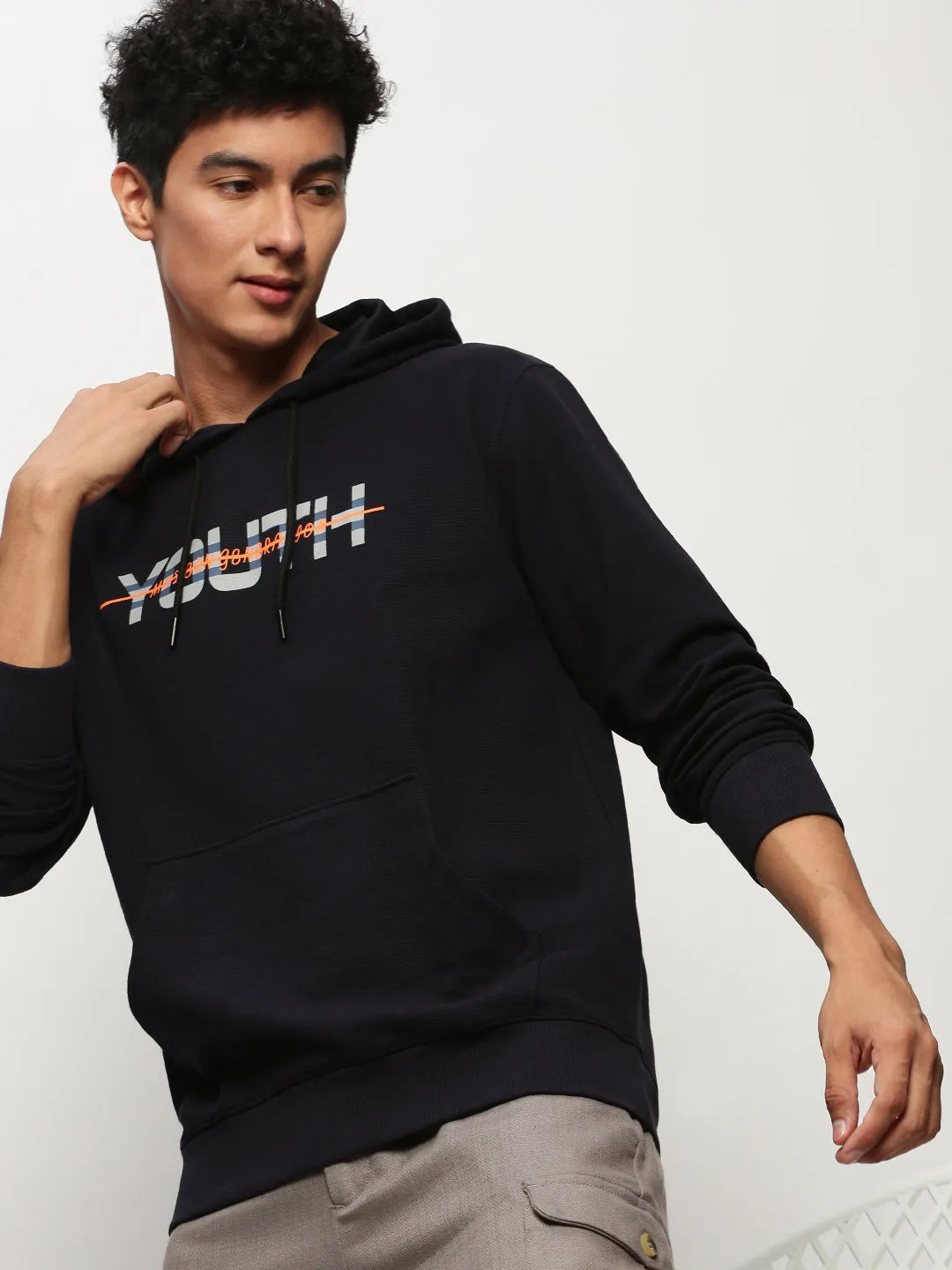 Men Navy Blue Typography Printed Hooded Cotton Pullover Sweatshirt