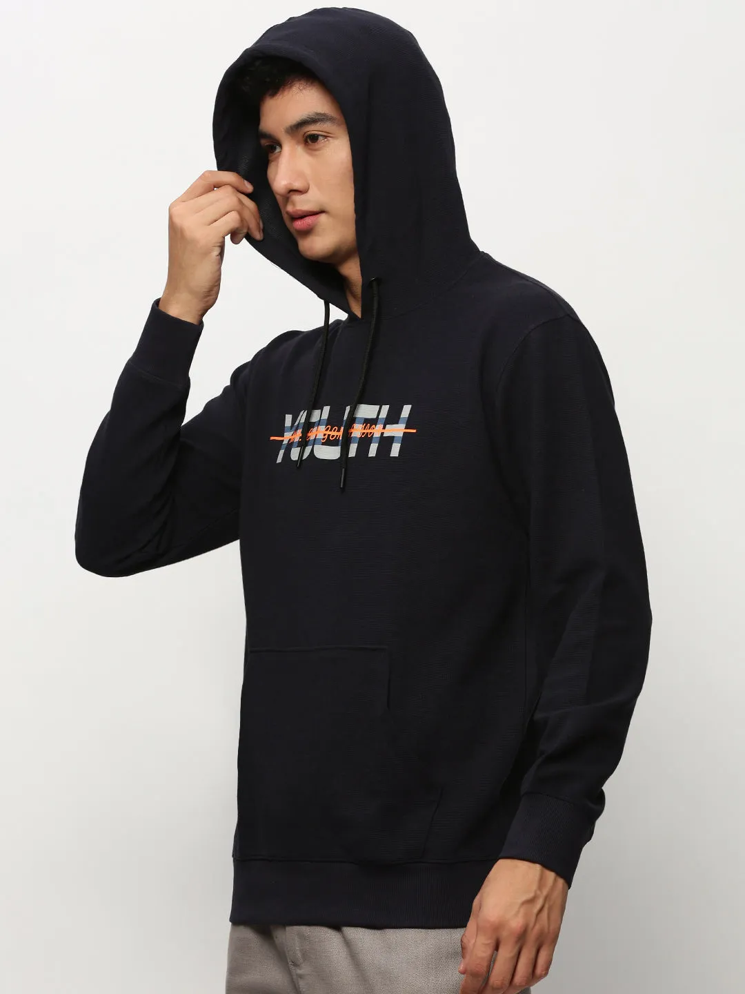 Men Navy Blue Typography Printed Hooded Cotton Pullover Sweatshirt
