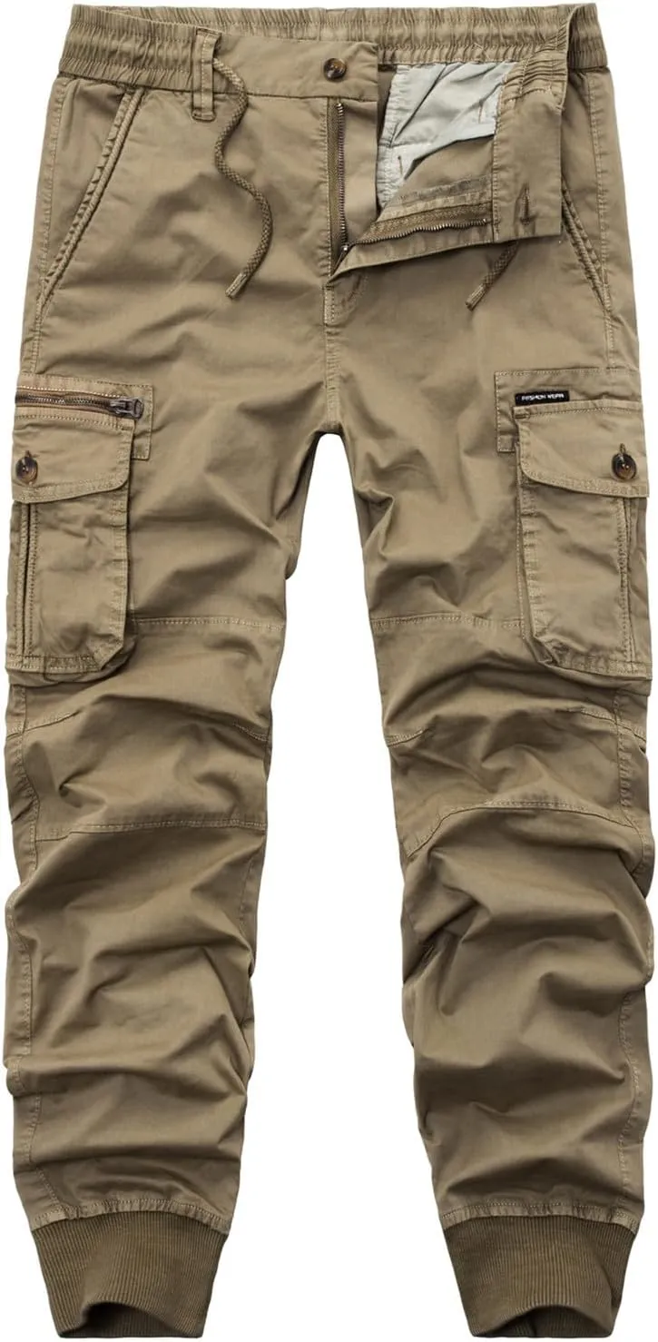 Mens Fashion Cargo Pants Casual Cotton Tapered Trousers Stretch Twill Drawstring Athletic Joggers Sweatpant with Pocket