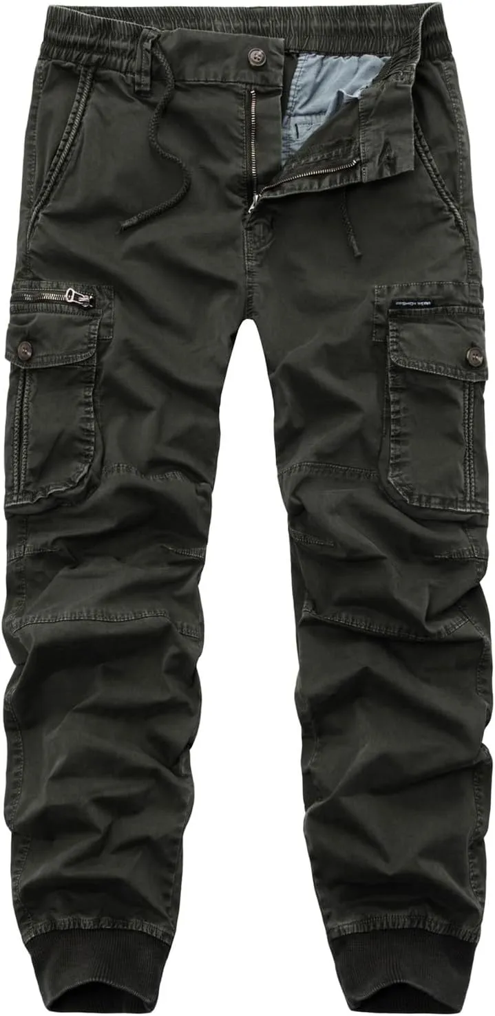 Mens Fashion Cargo Pants Casual Cotton Tapered Trousers Stretch Twill Drawstring Athletic Joggers Sweatpant with Pocket
