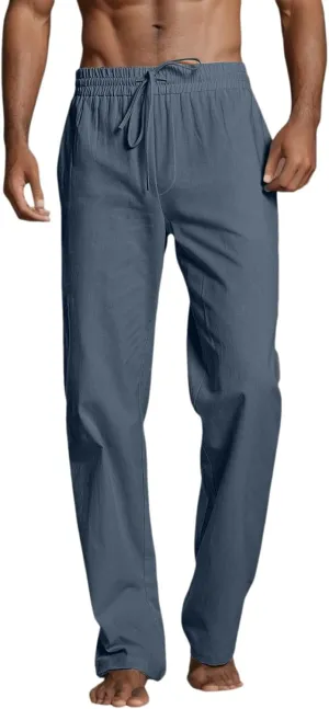 Mens Linen Pants Lightweight Casual Relaxed Fit Wide Leg Trousers Breathable Drawstring Waist Pants Baggy Joggers