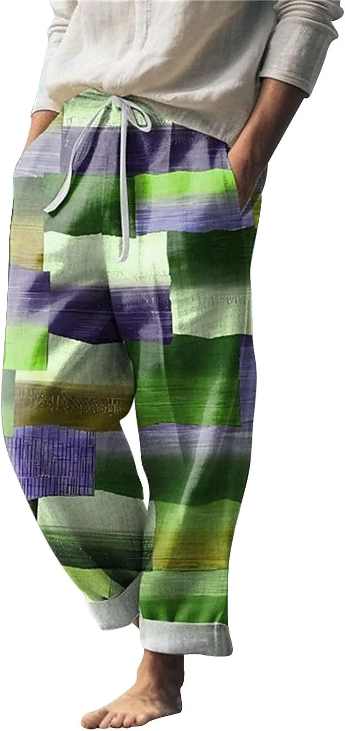 Men's Plaid Hiking Pants wiht Pockets Casual Lightweight Straight Leg Cargo Pant Outdoor Breathable Linen Holiday Beach Pants