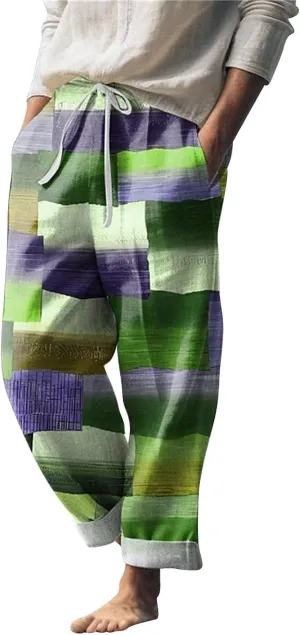 Men's Plaid Hiking Pants wiht Pockets Casual Lightweight Straight Leg Cargo Pant Outdoor Breathable Linen Holiday Beach Pants