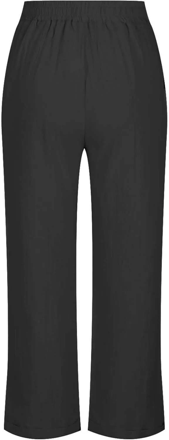 Straight Leg Linen Pants for Women Soft Casual Drawstring Tie Elastic Waist Loose Pant Pocketed Summer Beach Trouser