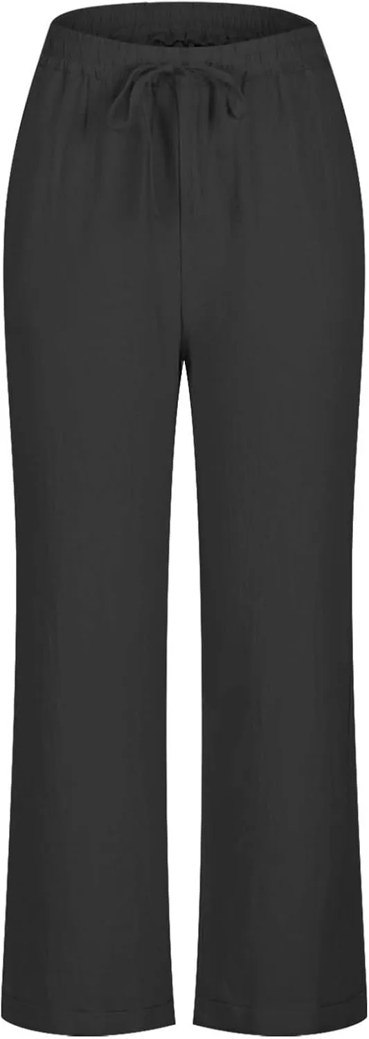 Straight Leg Linen Pants for Women Soft Casual Drawstring Tie Elastic Waist Loose Pant Pocketed Summer Beach Trouser
