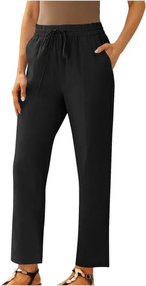 Straight Leg Linen Pants for Women Soft Casual Drawstring Tie Elastic Waist Loose Pant Pocketed Summer Beach Trouser