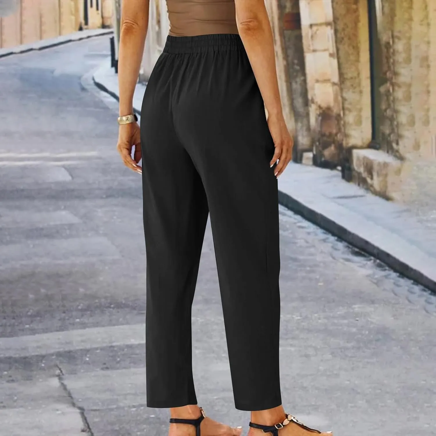 Straight Leg Linen Pants for Women Soft Casual Drawstring Tie Elastic Waist Loose Pant Pocketed Summer Beach Trouser