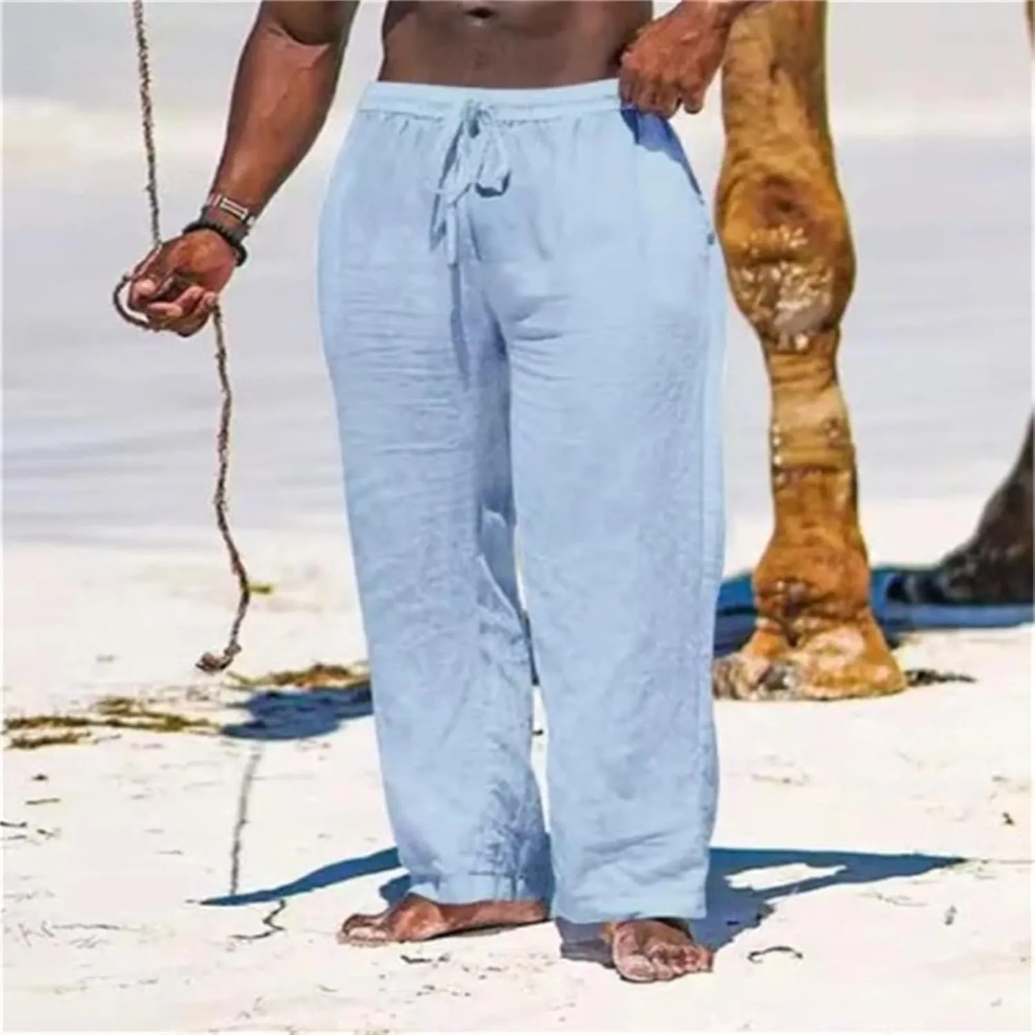 Thatrich Casual Beach Pants for Men Lightweight Breathable Linen Yoga Trousers Relaxed Fit Comfy Hawaiian Vacation Pant Slack
