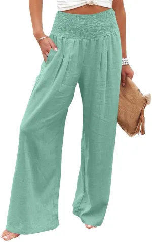 Wide Leg Linen Pants for Women High Waist Summer Palazzo Pants Smocked Elastic Pant Dressy Trouser with Pockets