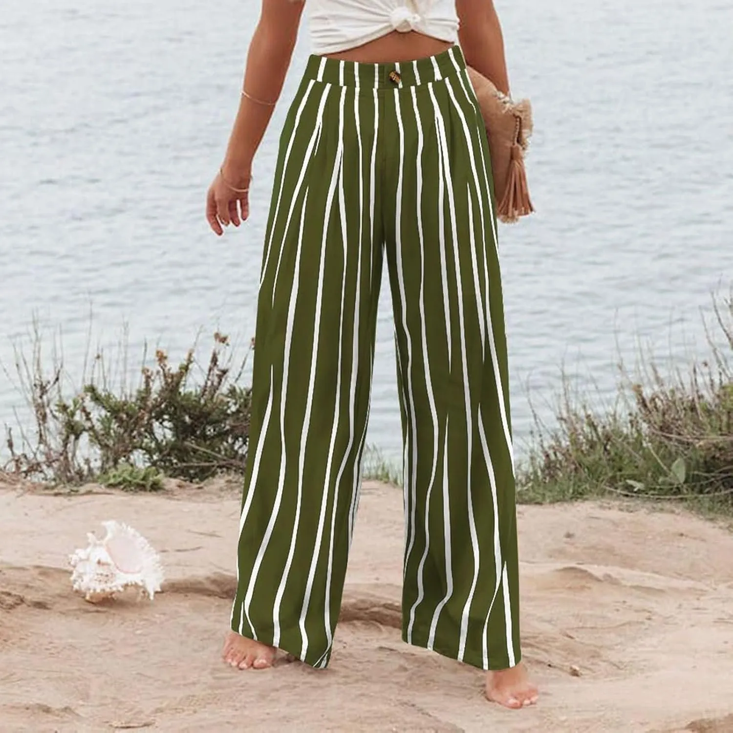 Wide Leg Pants for Women High Waist Solid Color Casual Trousers Comfy Workout Button Pants with Pockets