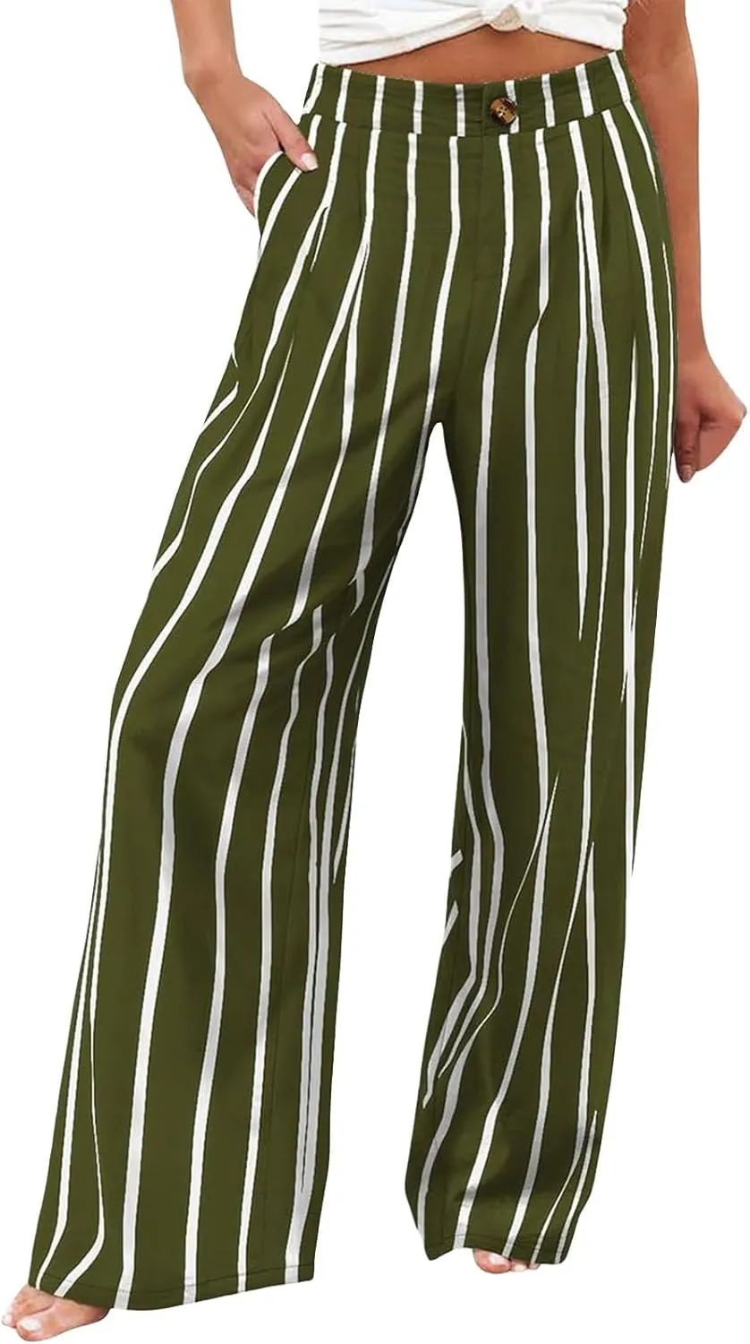 Wide Leg Pants for Women High Waist Solid Color Casual Trousers Comfy Workout Button Pants with Pockets