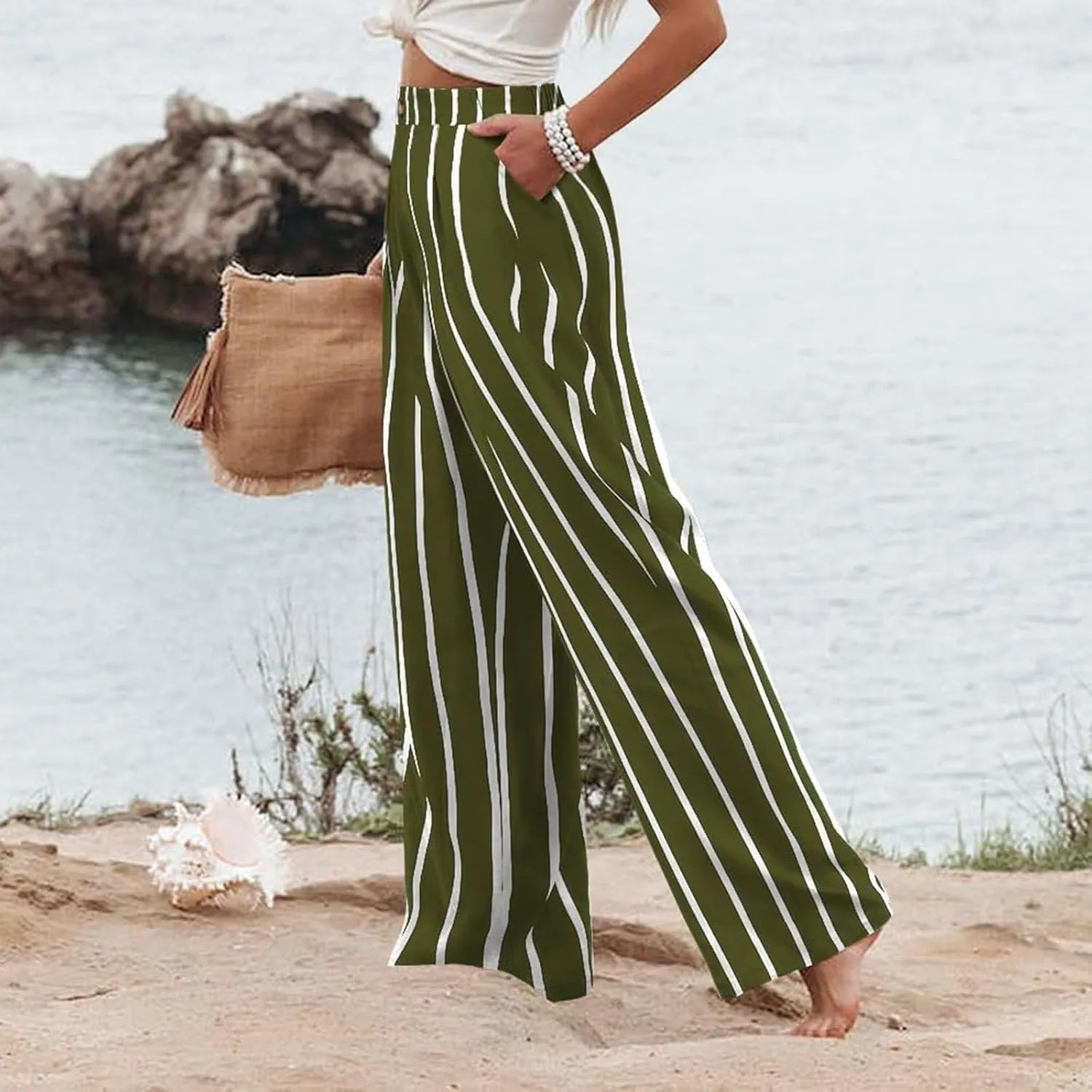 Wide Leg Pants for Women High Waist Solid Color Casual Trousers Comfy Workout Button Pants with Pockets