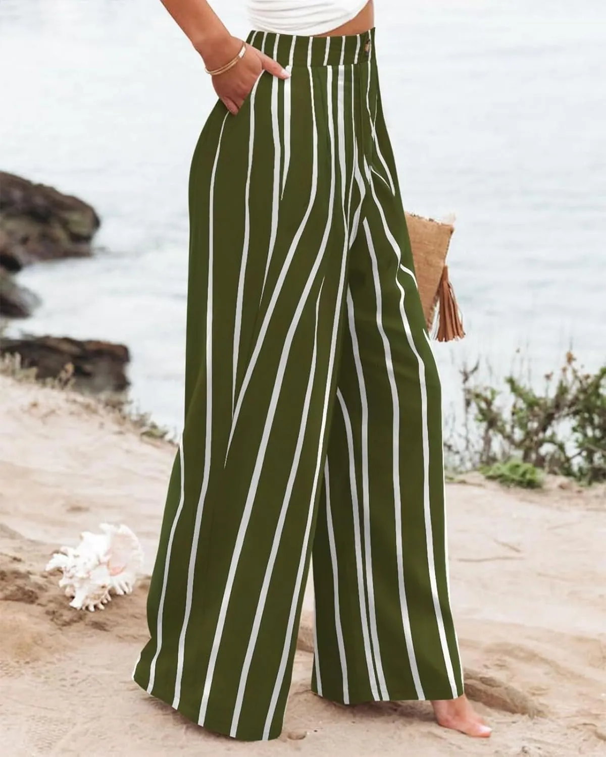 Wide Leg Pants for Women High Waist Solid Color Casual Trousers Comfy Workout Button Pants with Pockets