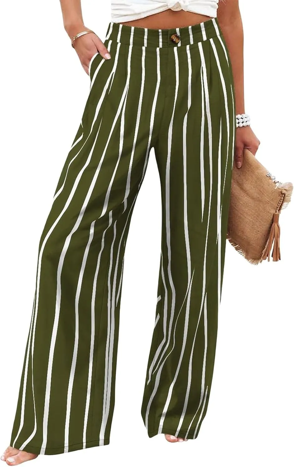 Wide Leg Pants for Women High Waist Solid Color Casual Trousers Comfy Workout Button Pants with Pockets