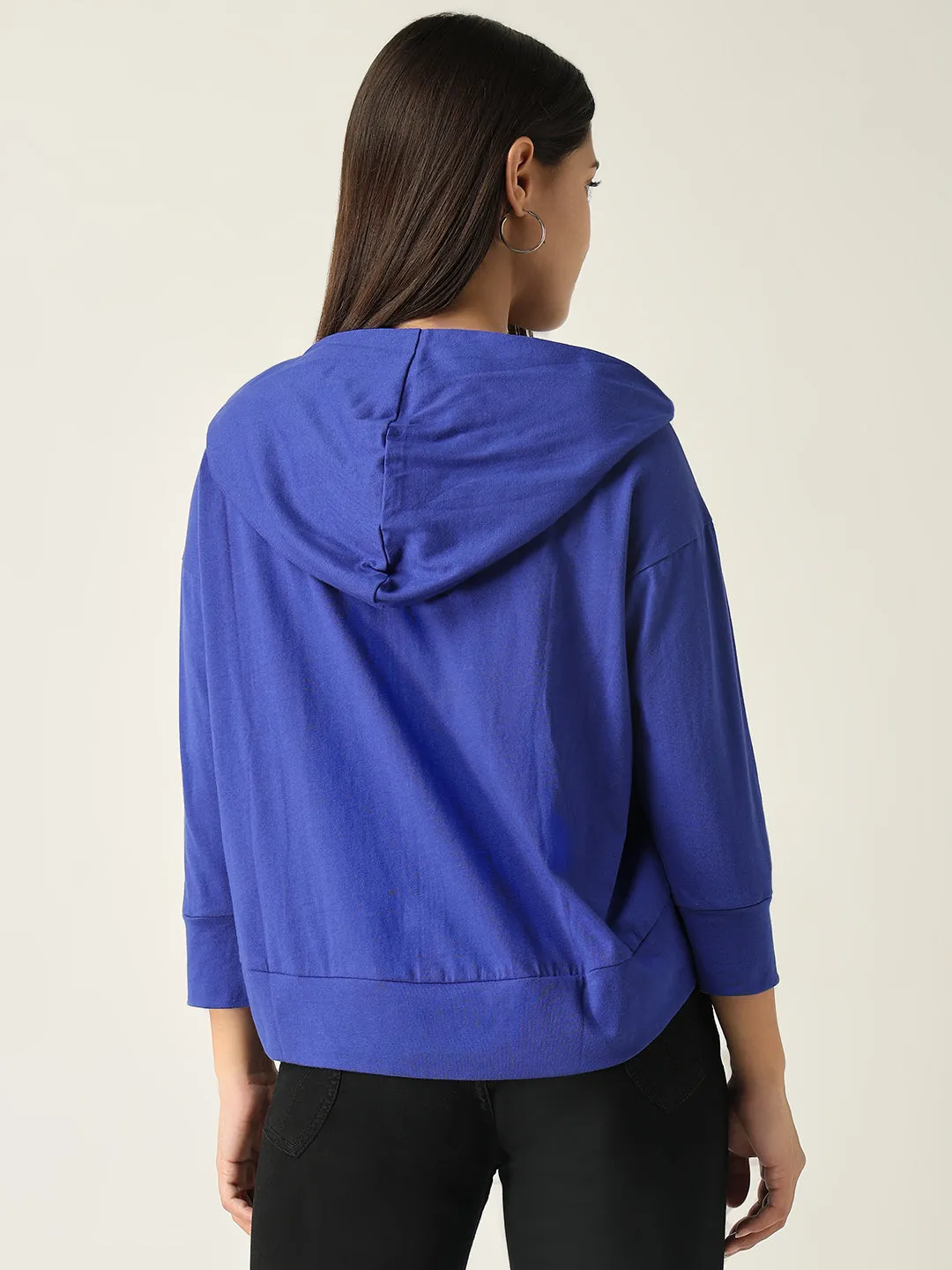 Women Blue Solid Hood Cotton Front-Open Sweatshirt