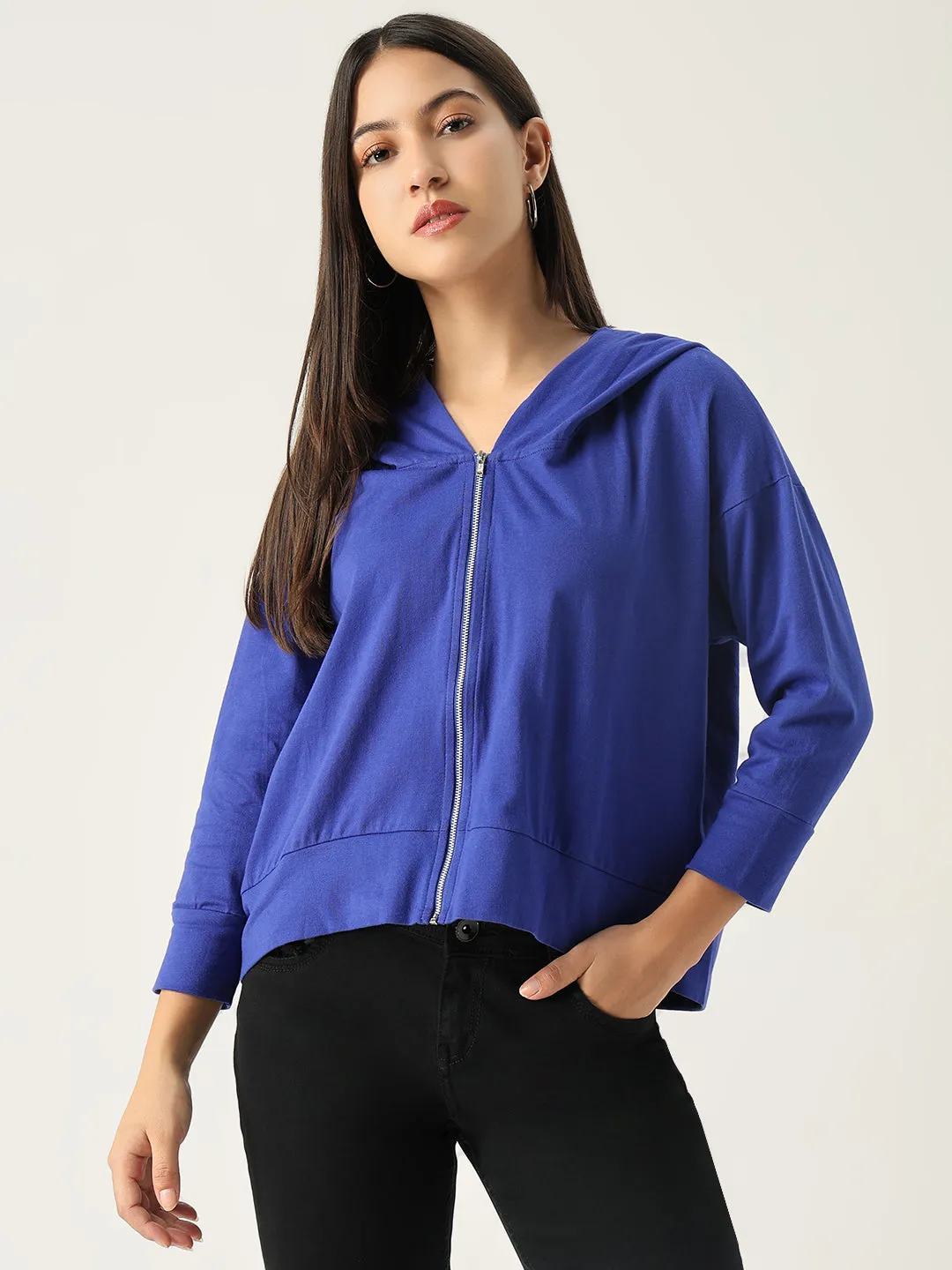 Women Blue Solid Hood Cotton Front-Open Sweatshirt
