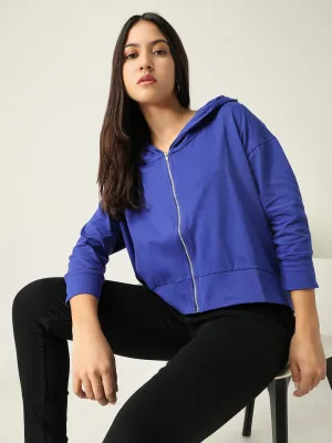 Women Blue Solid Hood Cotton Front-Open Sweatshirt