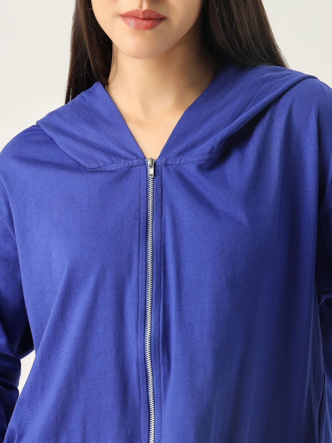 Women Blue Solid Hood Cotton Front-Open Sweatshirt