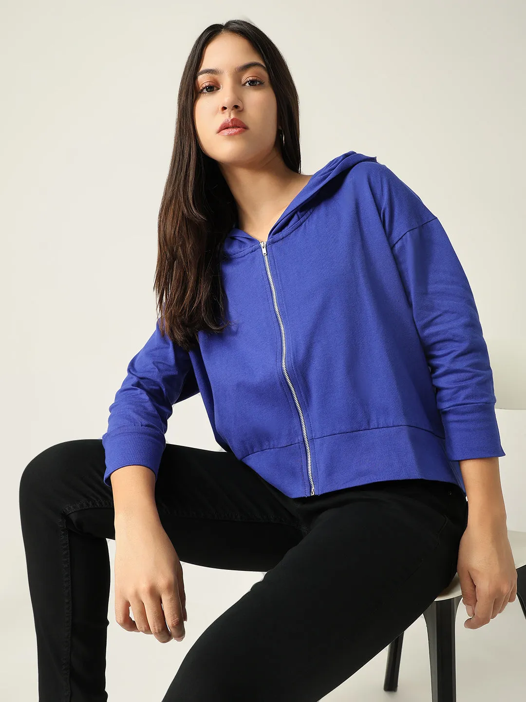 Women Blue Solid Hood Cotton Front-Open Sweatshirt